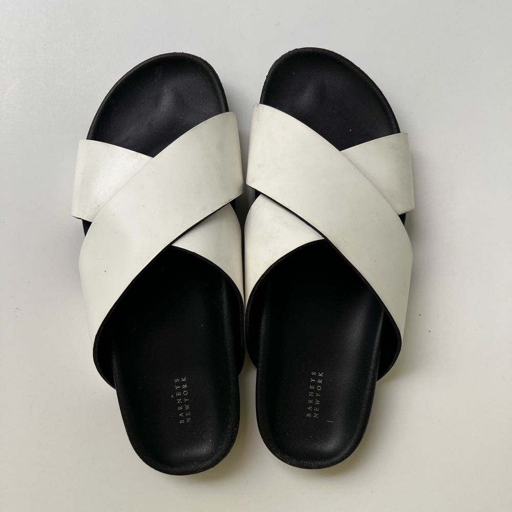 Barney’s New York white and black double strap sandals